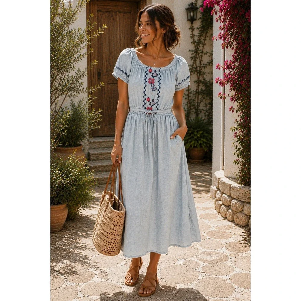 Old Navy Embroidered Peasant Dress Women Blue Tie Sleeve Boho Cottagecore NN24 - Picture 1 of 14